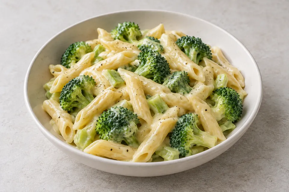 Penne og små brokkolibuketter vendt i mild ostesaus i en lys bolle.