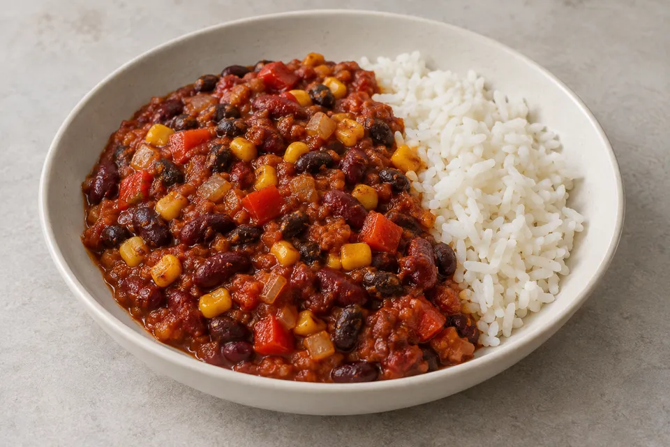 Chili sin carne med kidneybønner, svarte bønner, mais og paprika, servert med ris.
