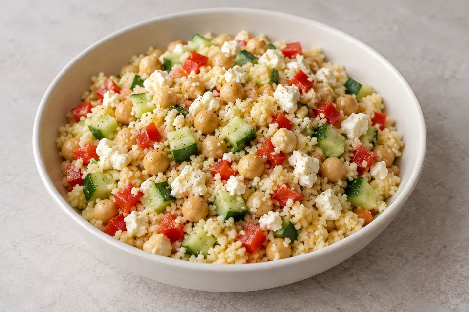 Couscous med kikerter, agurk, paprika og smuldret feta i en lys bolle.