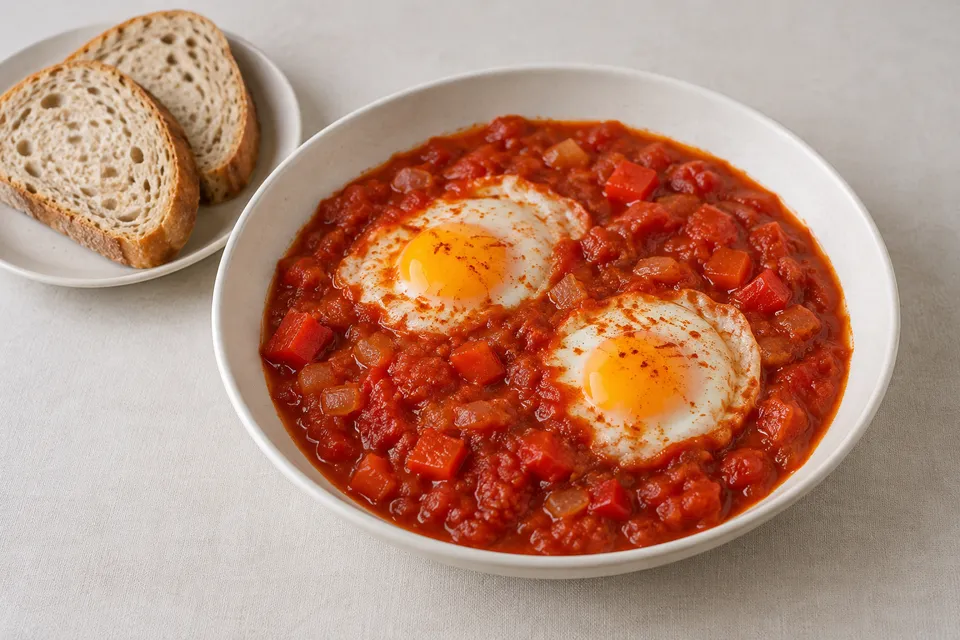 To egg trukket i tomatsaus med paprika og løk, med brødskiver ved siden av.