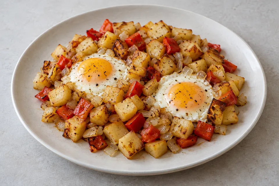 To egg over stekte potetterninger, løk og rød paprika på lys tallerken.