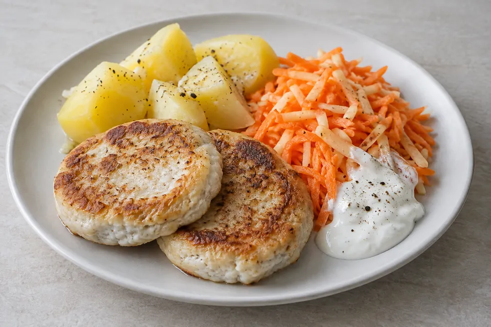 Fiskekaker med kokte poteter, revet gulrot og eple samt hvit yoghurtdressing.