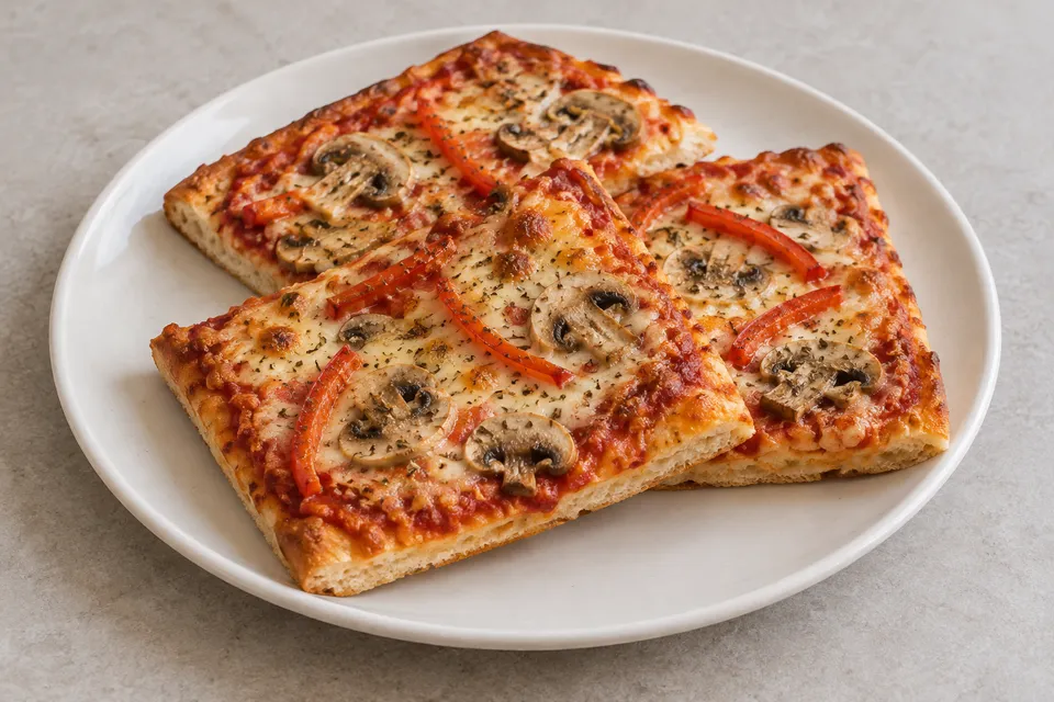 Rektangulære pizzastykker med paprika, sjampinjong, tomatsaus og gyllen ost.