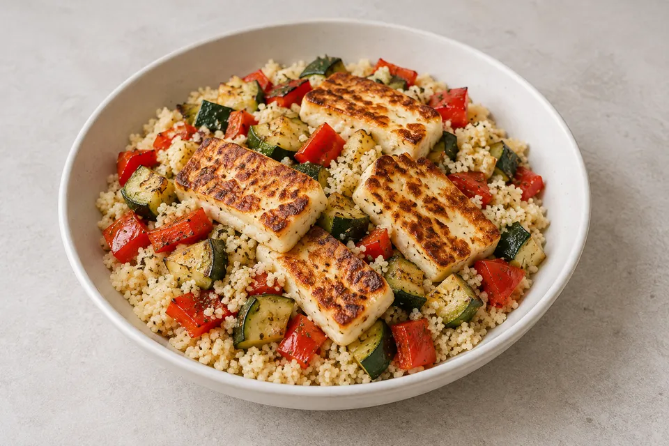 Gylne halloumiskiver med stekt squash, paprika og couscous på en lys tallerken.