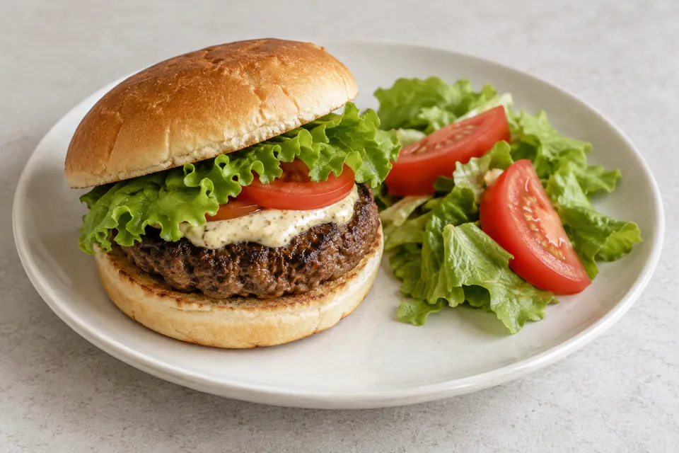 Hjemmelaget burger med salat, tomat og yoghurtdressing, med salat ved siden av.