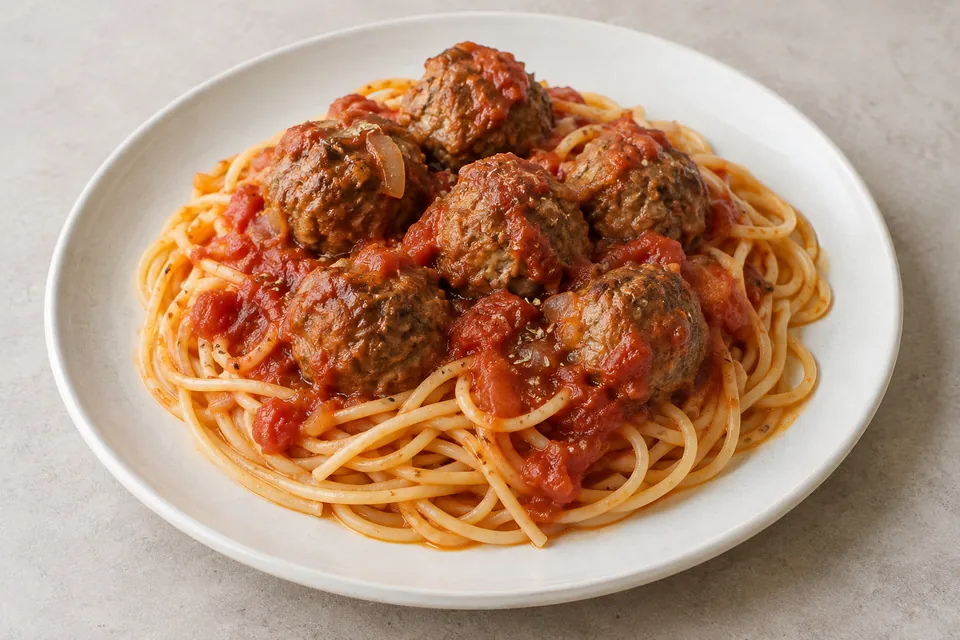 Små kjøttboller i tomatsaus med spaghetti.