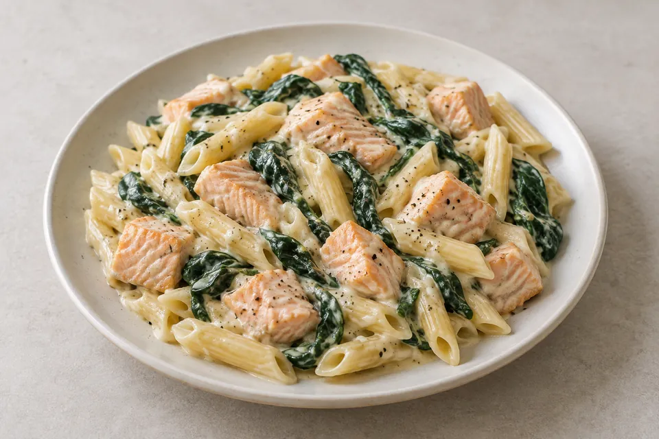 Penne med biter av laks og spinat i kremet saus.