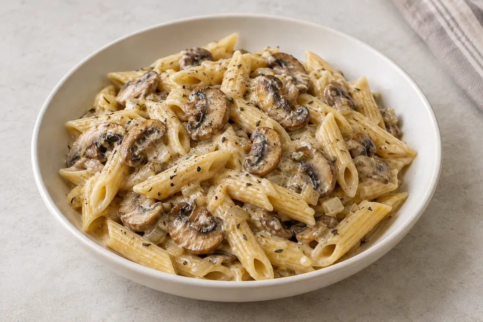 Penne med gylne sjampinjongskiver i kremet fløtesaus på en lys tallerken.