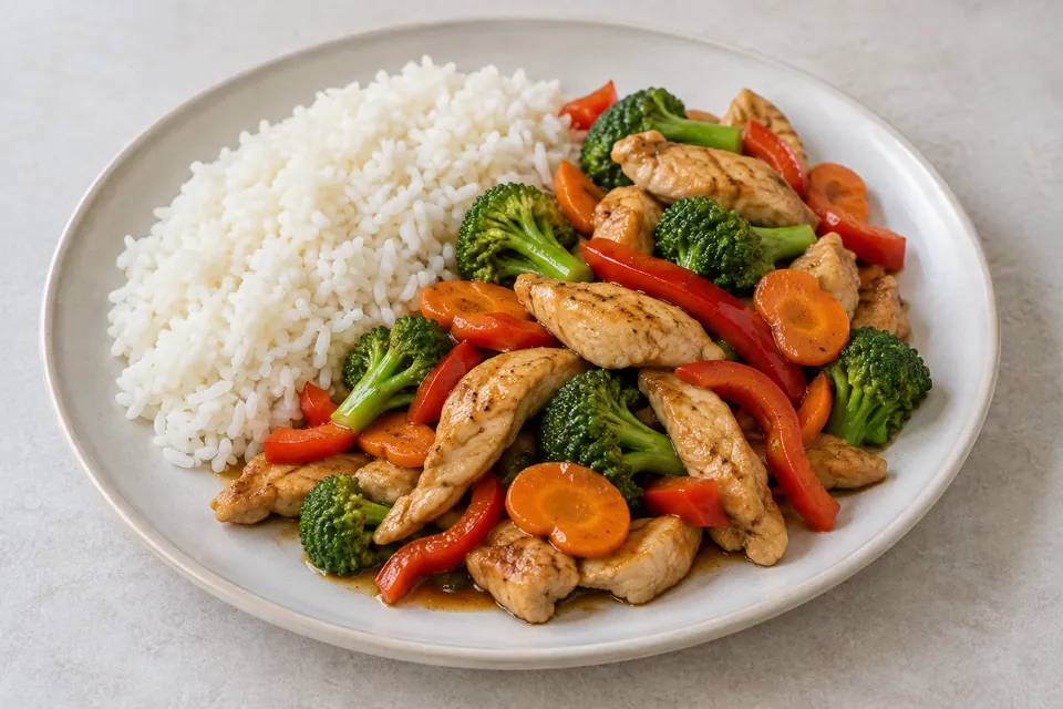 Kyllingwok med strimler av kylling, brokkoli, gulrot og paprika, servert med ris.