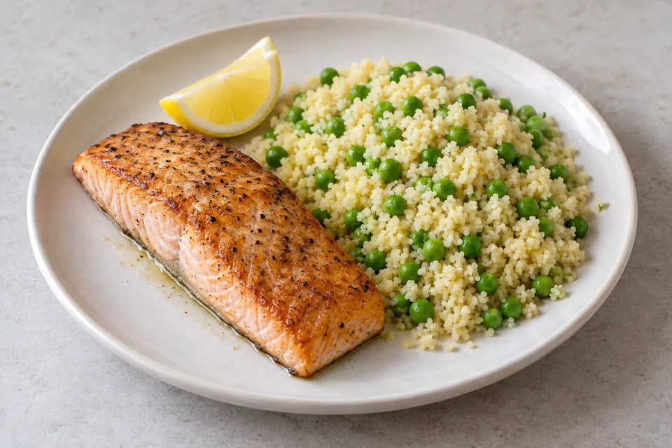Stekt laksefilet med couscous, grønne erter og en sitronbåt på lys tallerken.