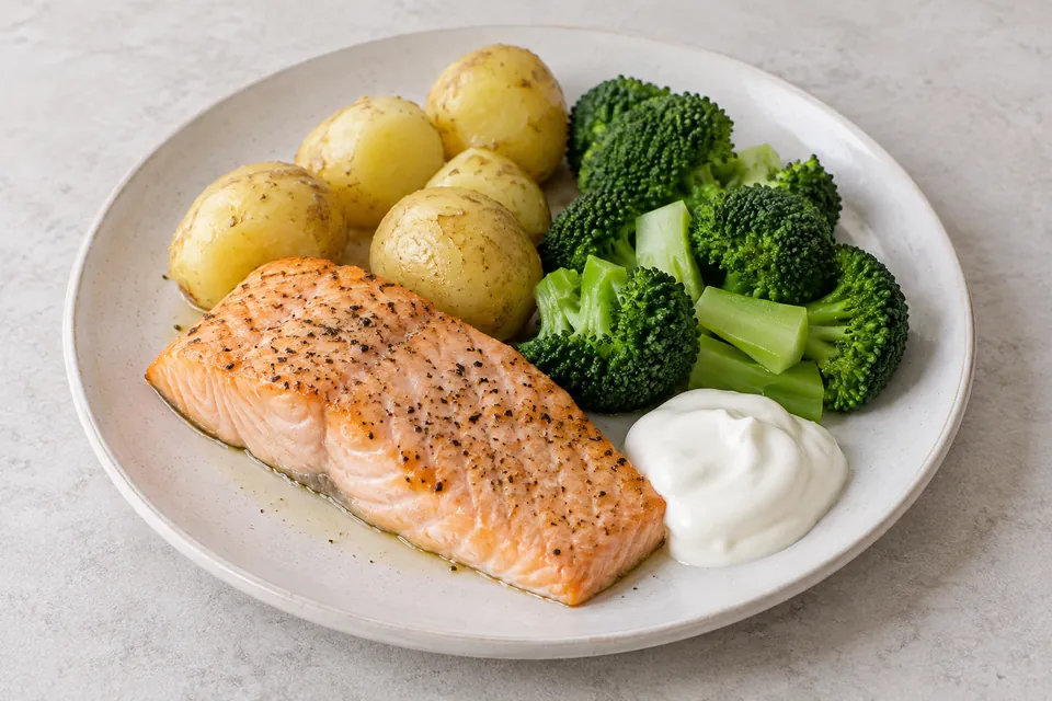 Ovnsbakt laksefilet med kokte småpoteter, brokkoli og rømme.