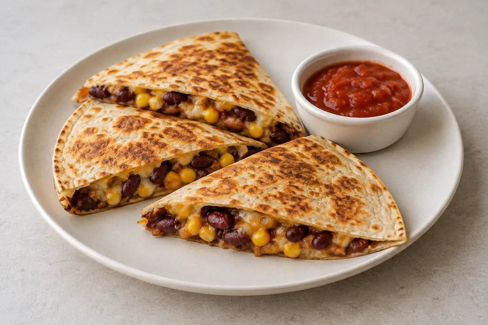 Gylne quesadillatrekanter med kidneybønner, mais og smeltet ost, servert med salsa.