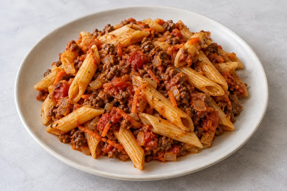 Pasta vendt i kjøttsaus med tomat, løk og revet gulrot.