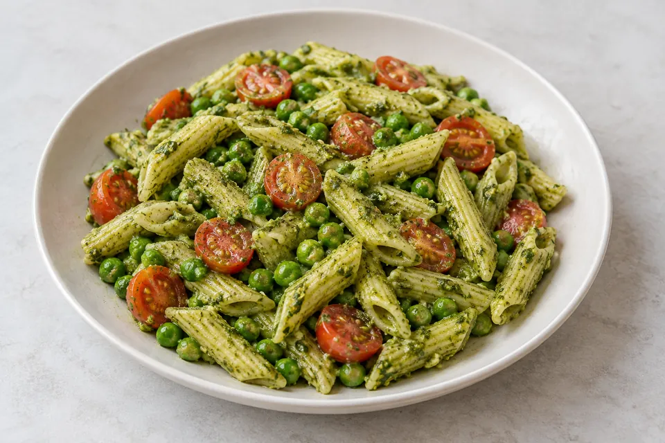 Penne vendt i grønn pesto med erter og halve cherrytomater i lys skål.