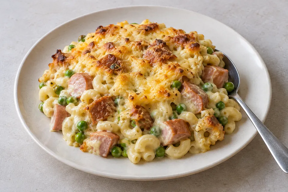 Pølsegrateng med makaroni, grønne erter og gyllen smeltet ost.
