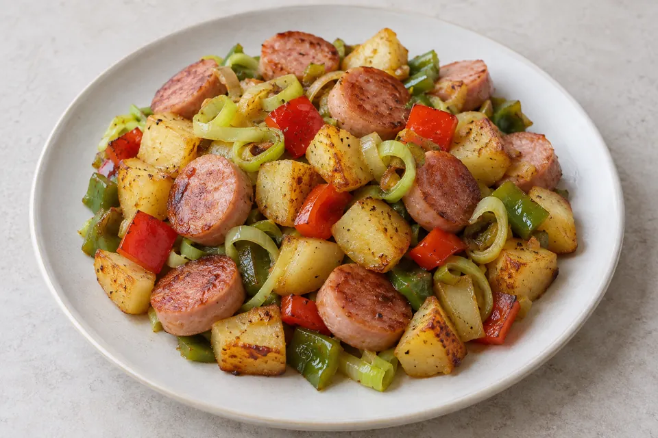 Stekte pølseskiver og potetterninger med purre og paprika.