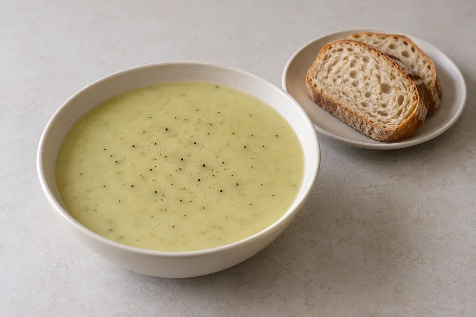 Jevn potet- og purresuppe med pepper i en lys bolle, servert med brødskiver.