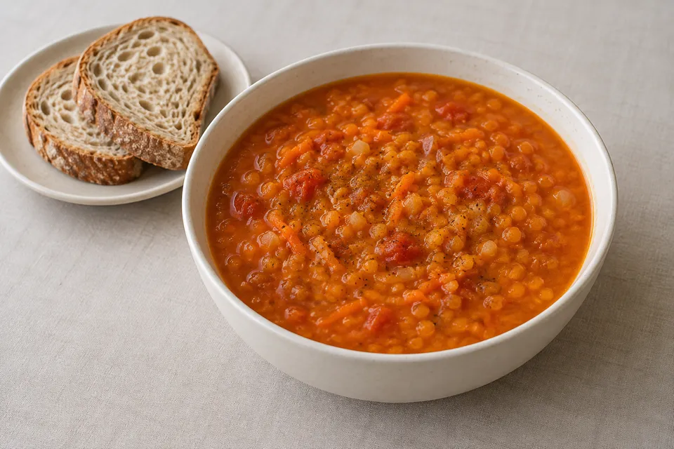 Rød linsesuppe med tomat og revet gulrot i en lys bolle, med brødskiver ved siden av.