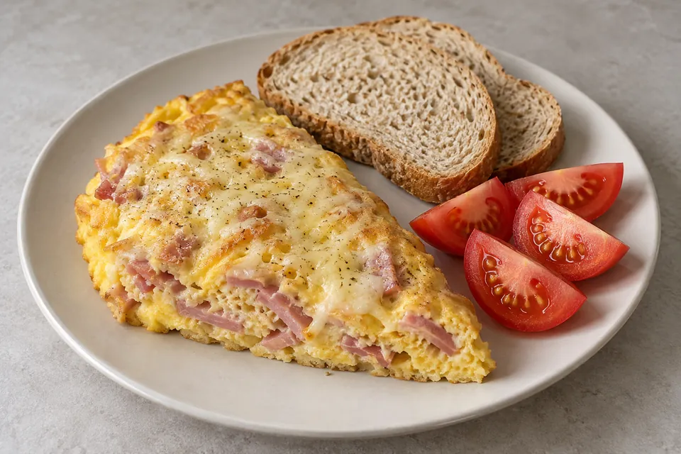 Skinkeomelett med smeltet ost, tomatbåter og brødskiver.