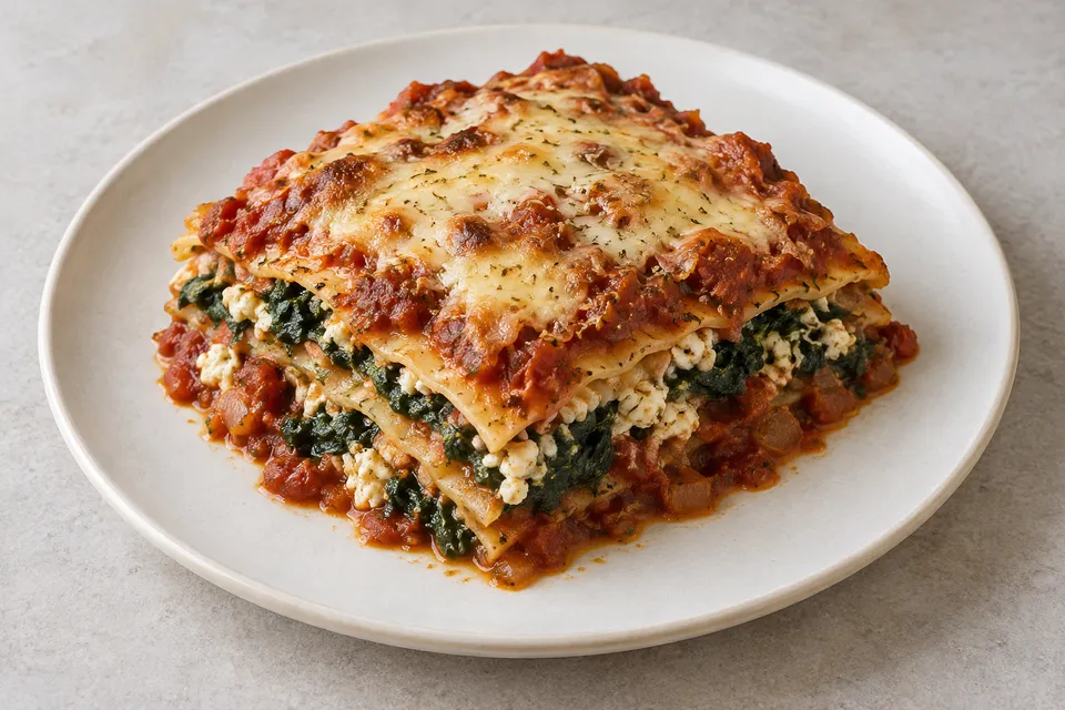 Et stykke lasagne med lag av spinat, cottage cheese og tomatsaus under gyllen ost.