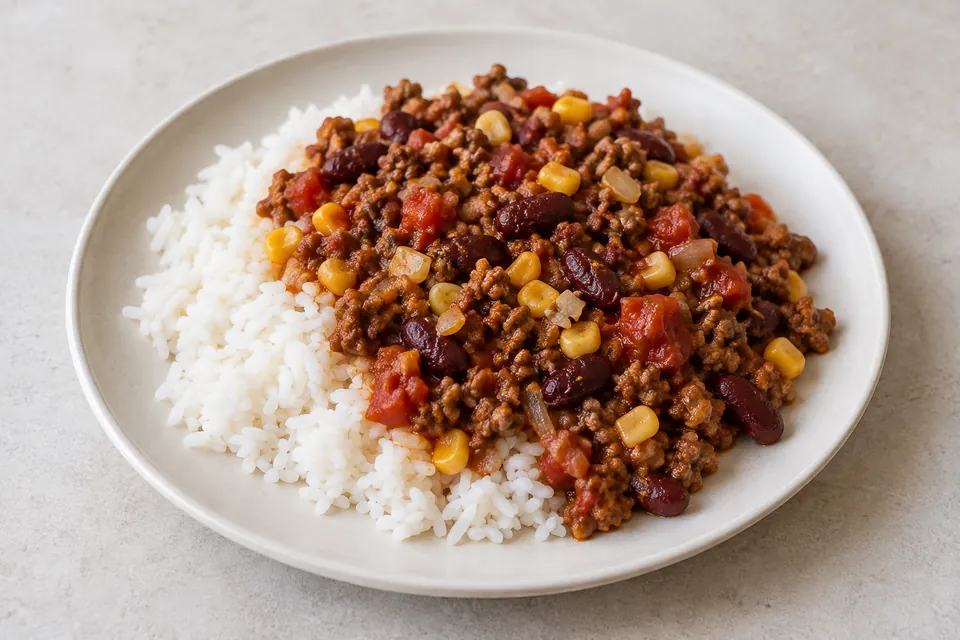 Tacopanne med kjøttdeig, kidneybønner, mais og tomatsaus servert over ris.