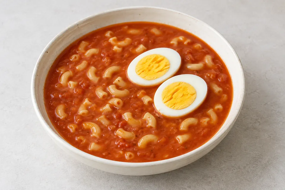 Rød tomatsuppe med makaroni og to halve hardkokte egg i lys suppeskål.