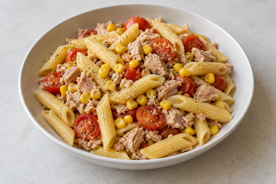 Penne med tunfiskflak, halve cherrytomater og gule maiskorn i lys skål.