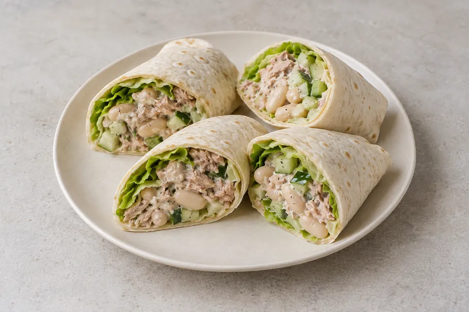 Delte tortillawraps med tunfisk, hvite bønner, agurk, salat og yoghurtdressing.